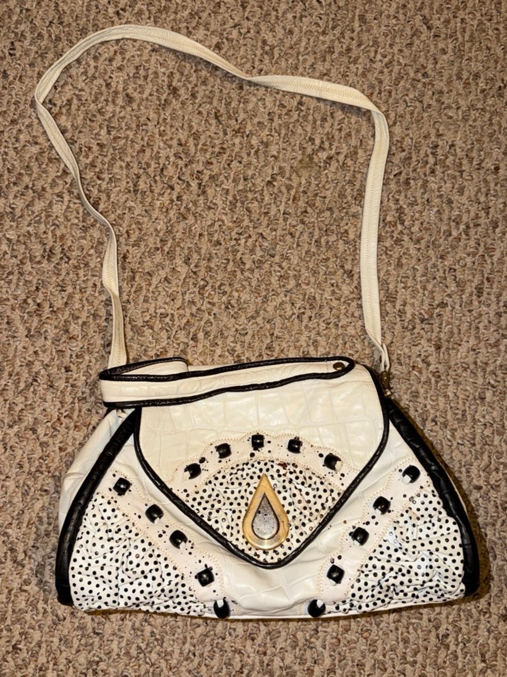 White and Black Polka Dot Women's Shoulder Bag with Gold Hardware